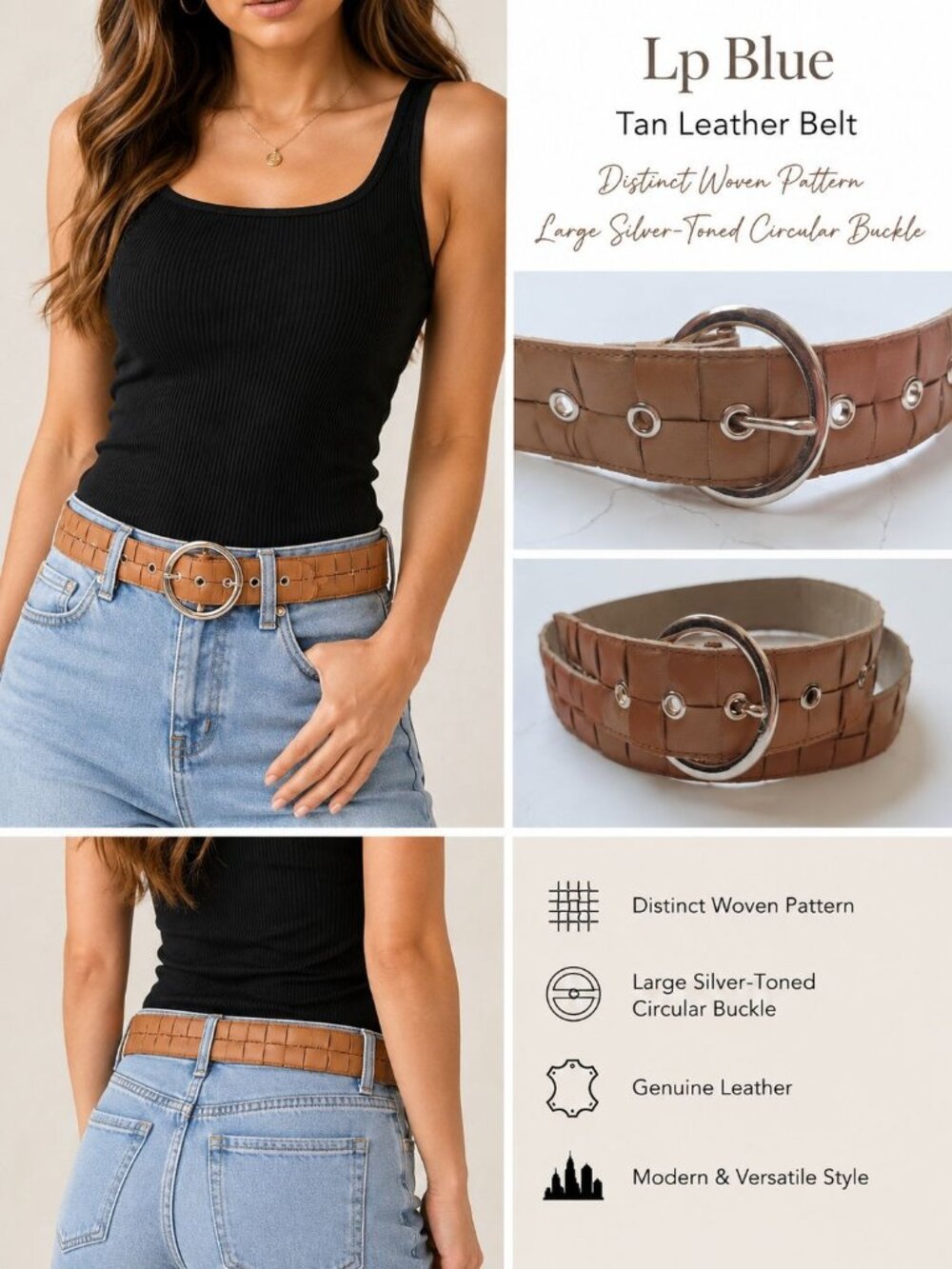 Lp Blue tan leather belt distinct woven pattern and a large, silver-toned Sz XL